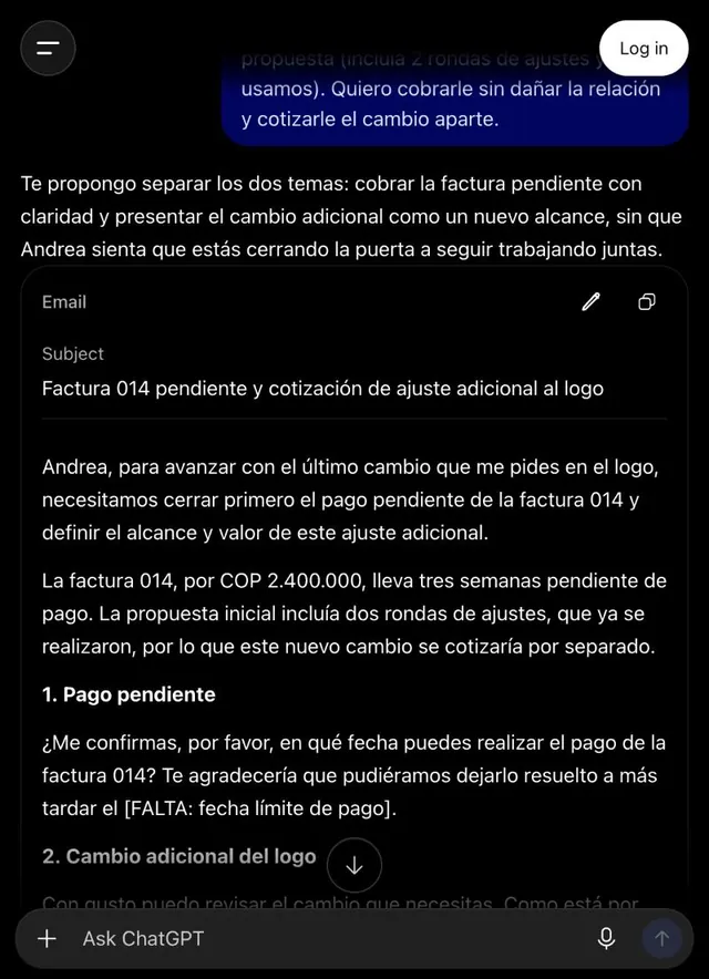 ChatGPT gratuito redacta el cobro con el mensaje central primero