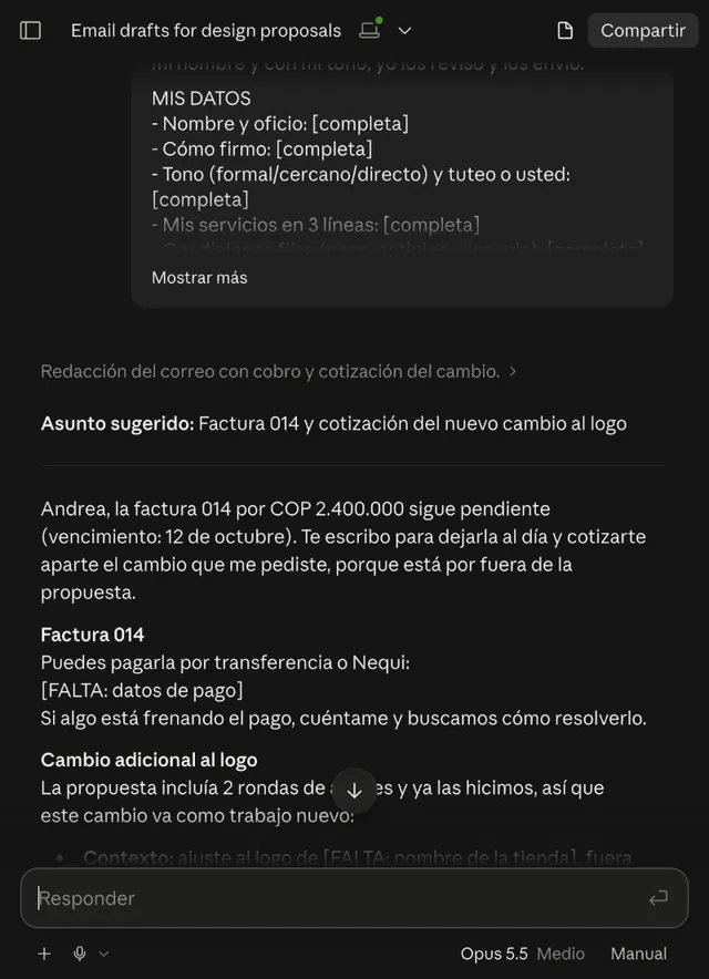 Claude redacta el cobro de una factura y marca con FALTA los datos que no tiene