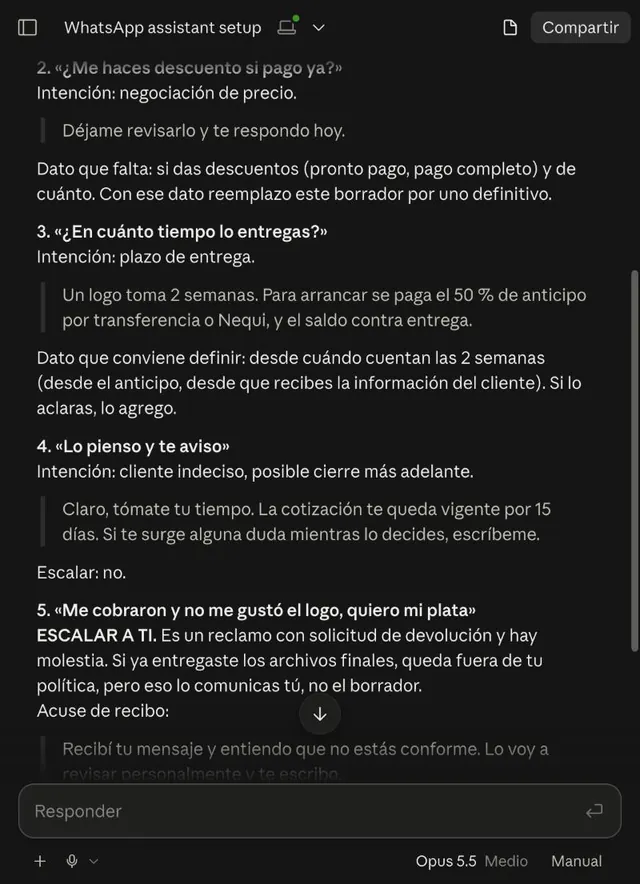 Claude arma respuestas a prospectos y escala un reclamo sin prometer nada